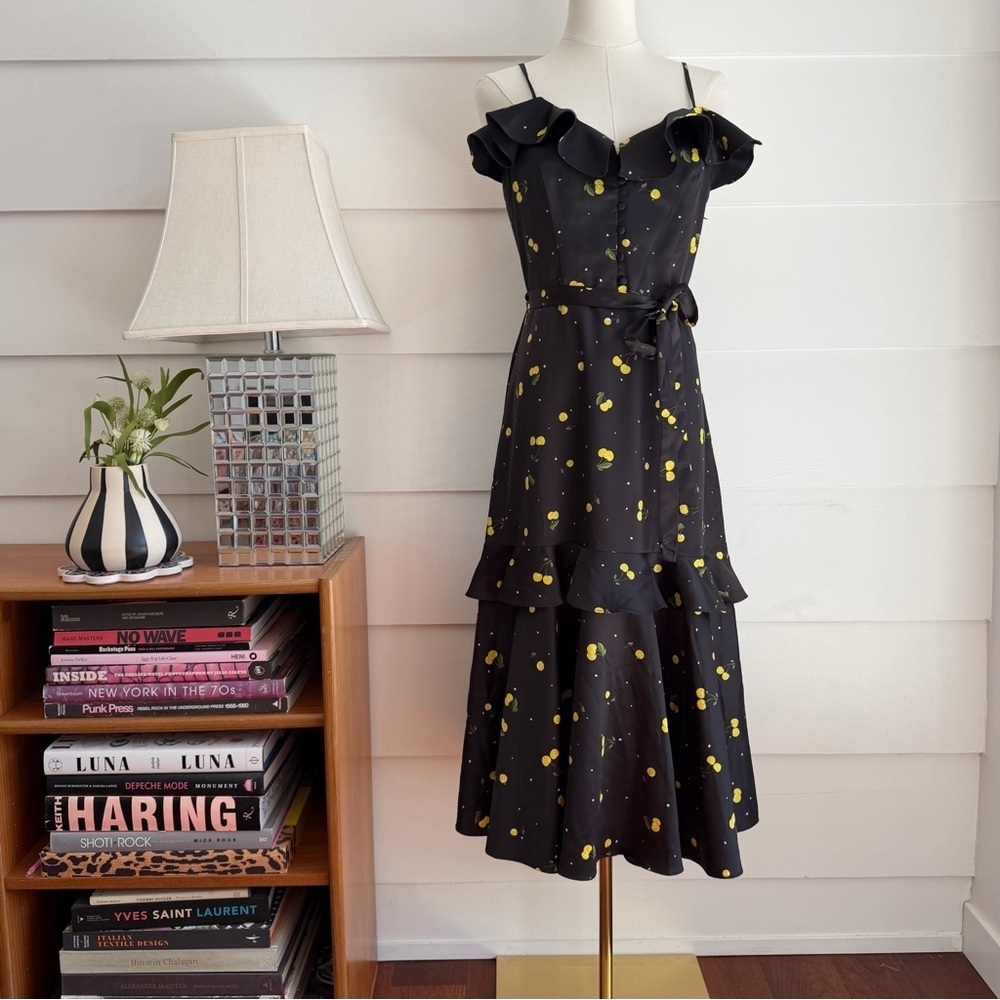 Milly Petal Dress Black Multi Cherry Print size 6 runs small - Picture 2 of 9